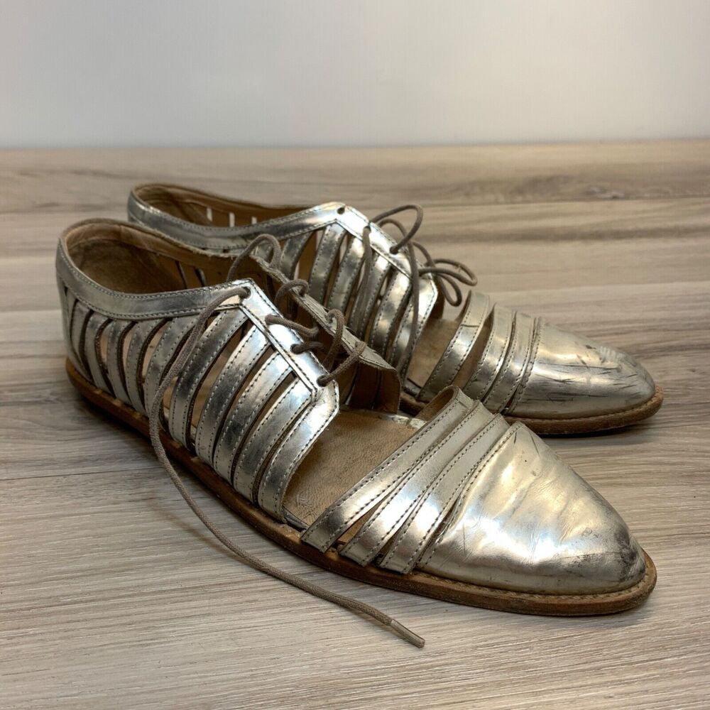 Loeffler Randall Mirrored Silver Leather‎ Fay Cutout Oxford Loafers Size 8.5 B